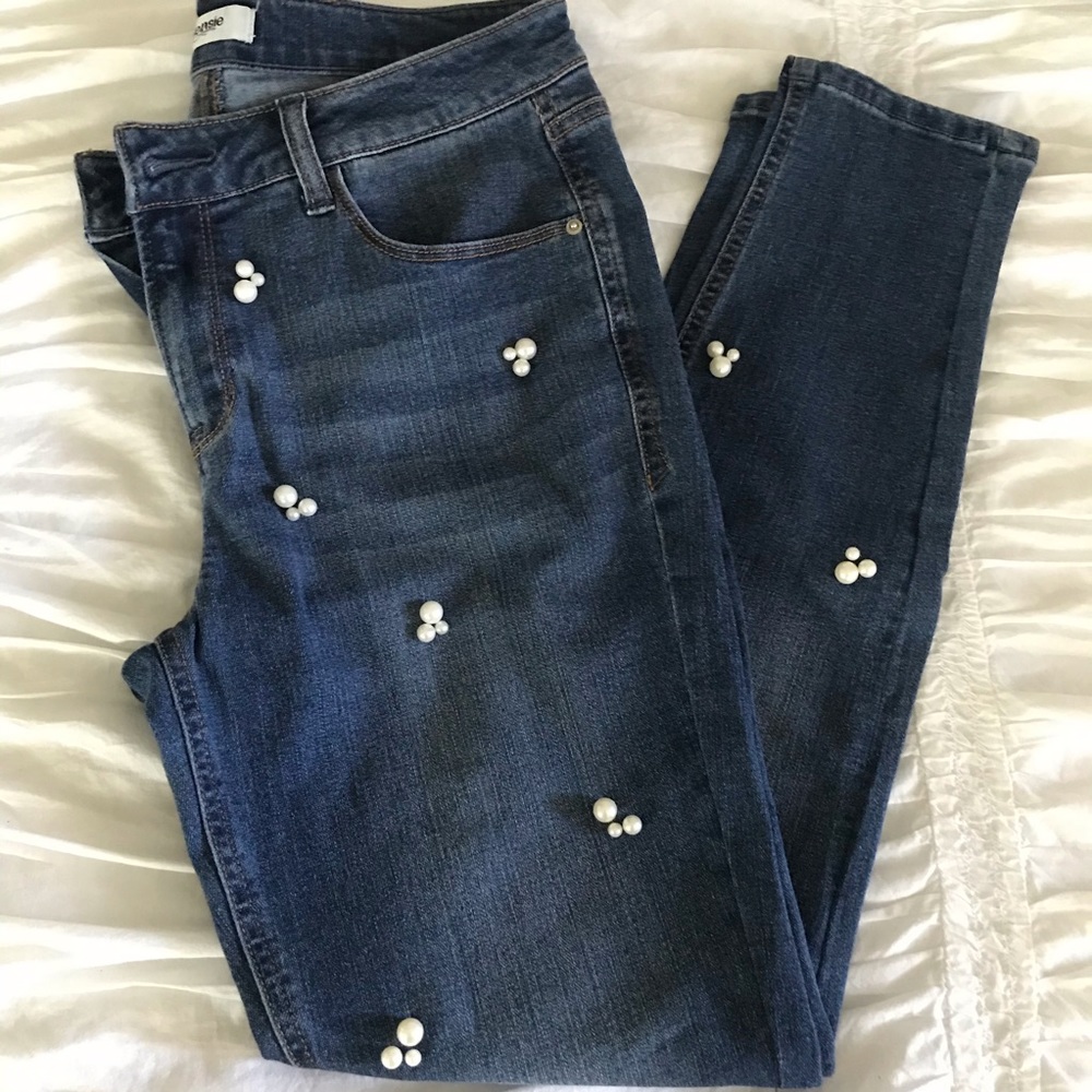 Straight leg jean with pearl embellishments